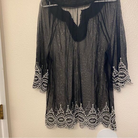 Alfani Sheer mesh Lace Embroidered black goth Blouse swimsuit cover-up nylon 1X - Picture 2 of 7